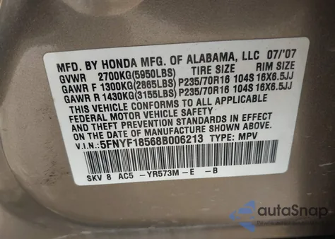 2008 Honda Pilot Ex-L z USA, uszkodzony, nr VIN 5FNYF18568B006213